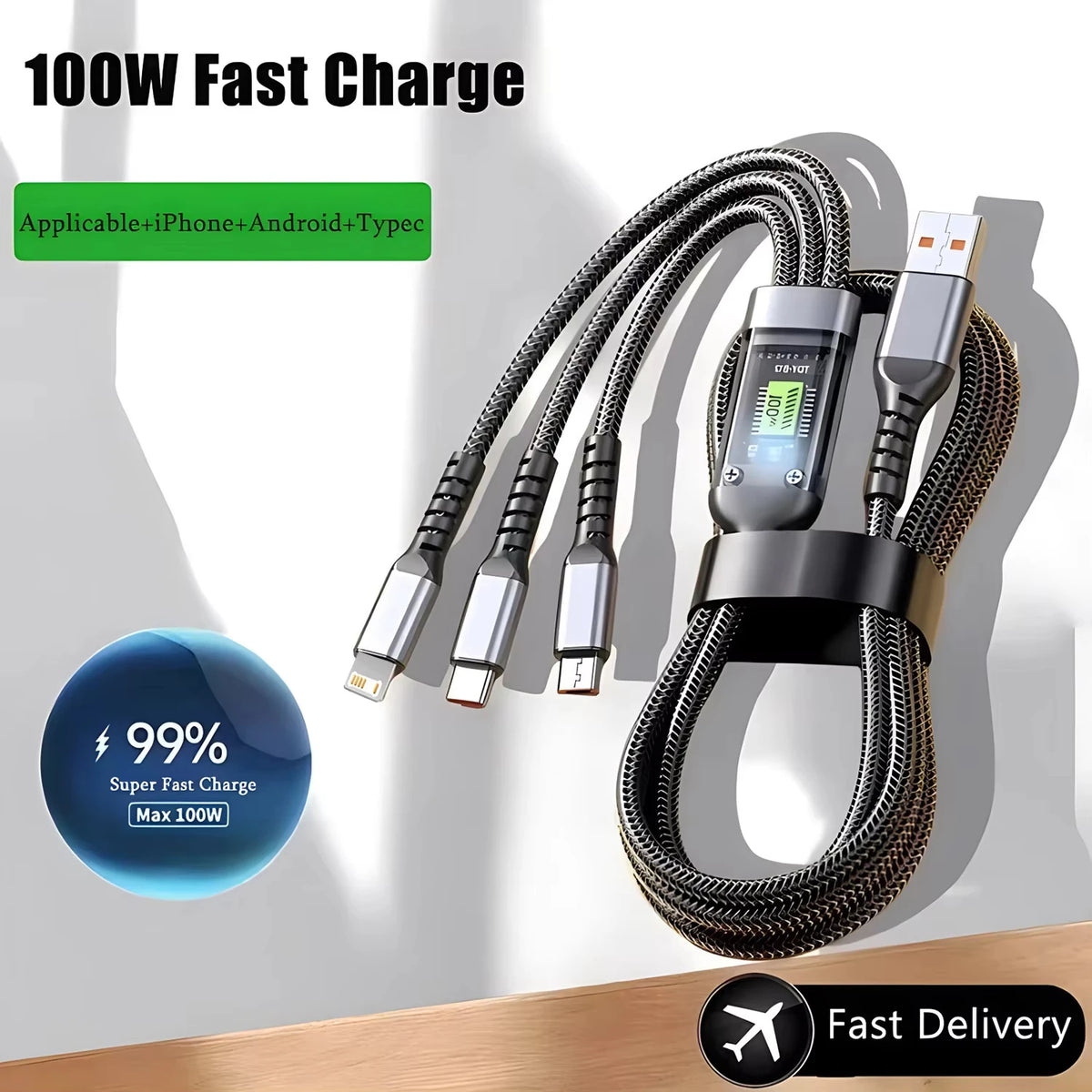 100W 3-in-1 transparent charging cable with digital display, view 2