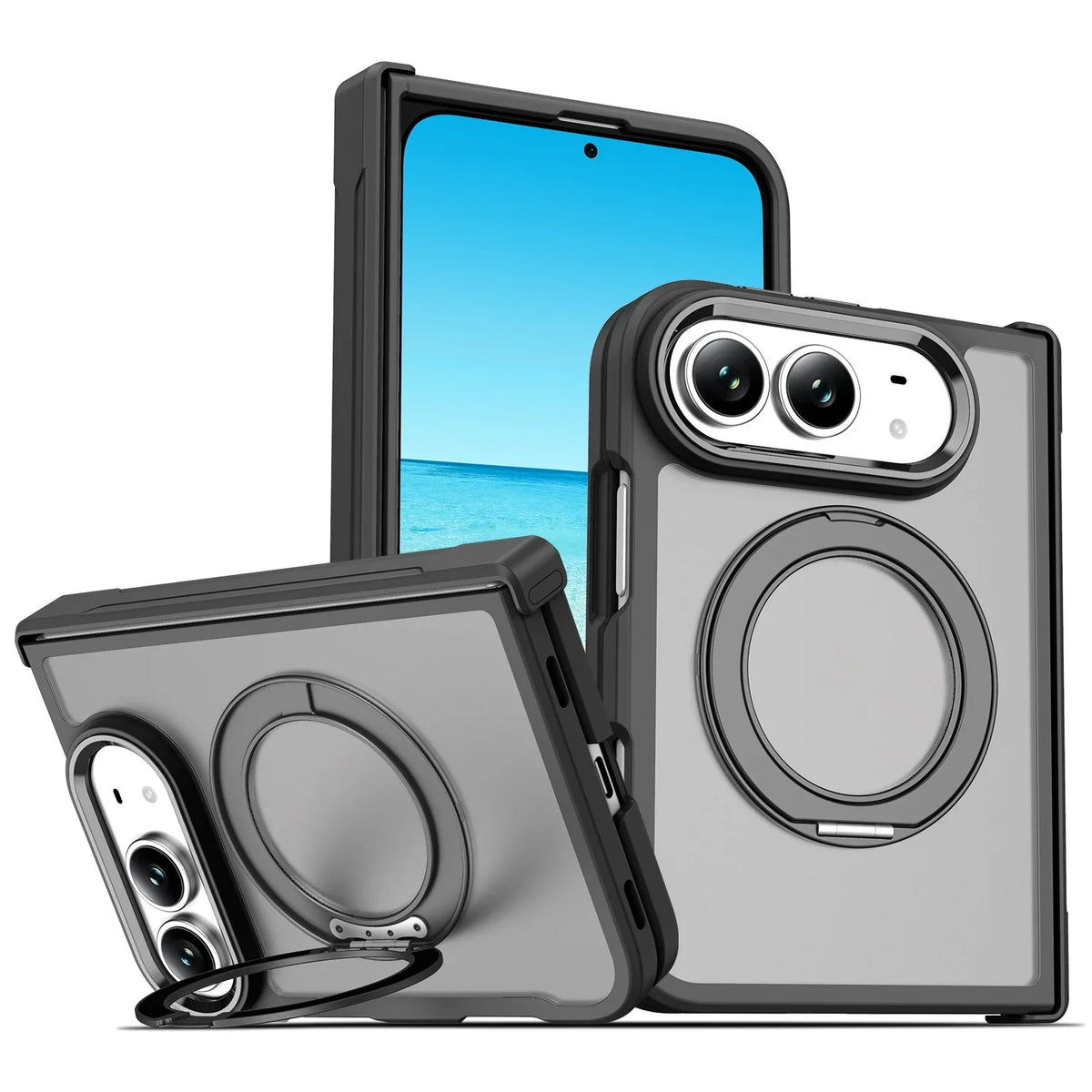 MagSafe stand case for iPhone Duo with a metal ring kickstand, front and back views