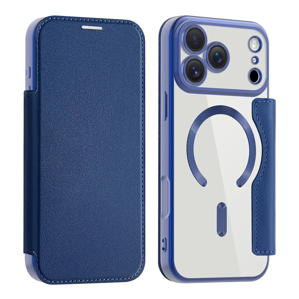 Clear flip leather wallet case, navy blue