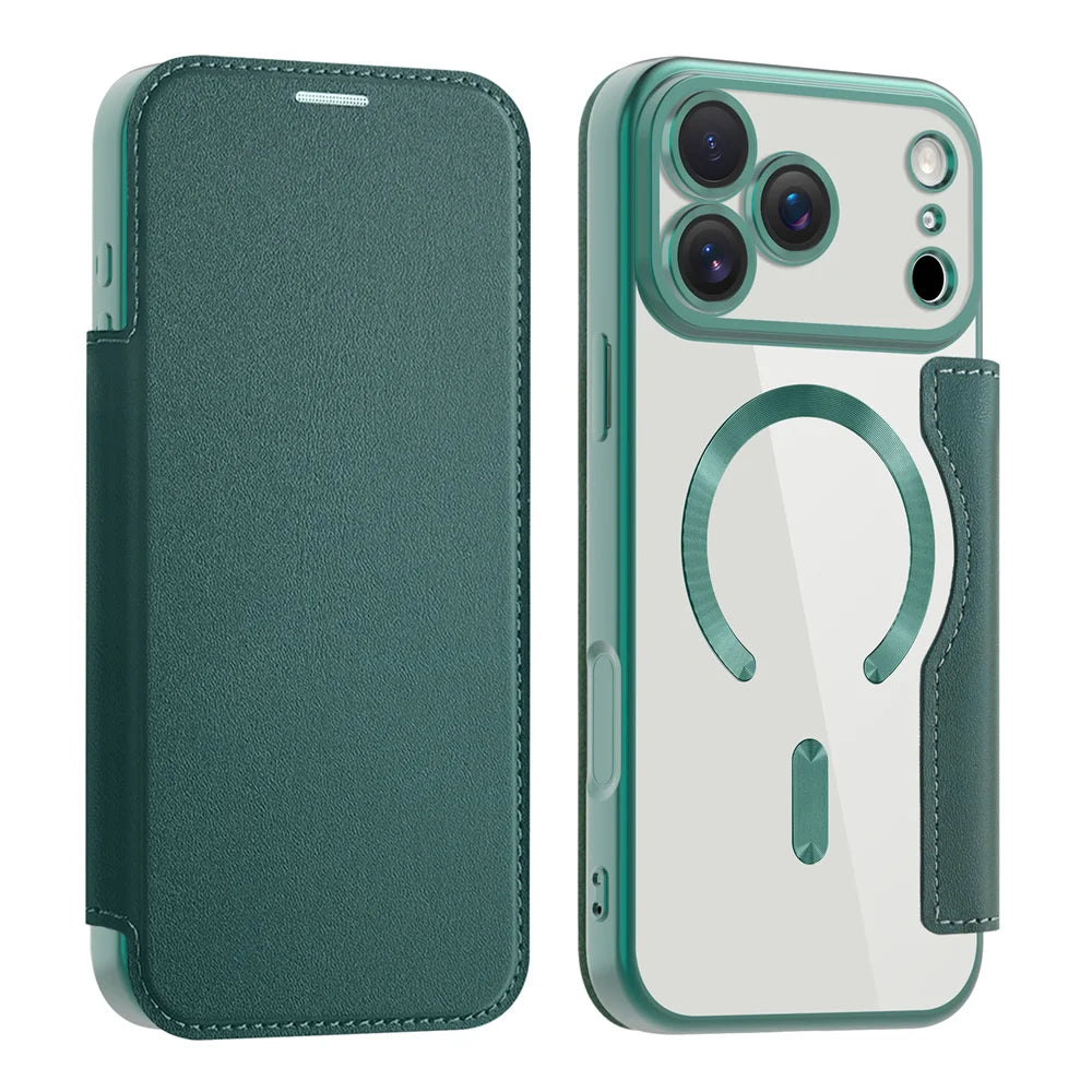 Clear flip leather wallet case, dark green