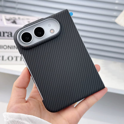 Black carbon fibre case on iPhone Duo, folded, held in hand