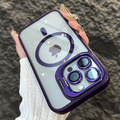 Magnetic kickstand case with lens protection for iPhone 11–18, dark purple