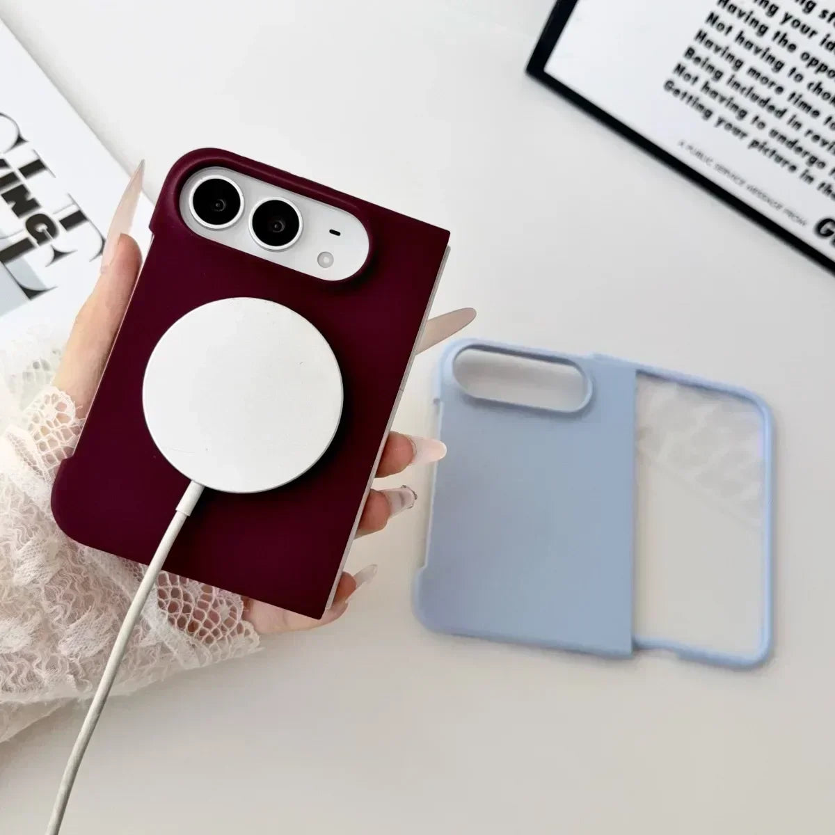 Burgundy matte MagSafe case for iPhone Duo with MagSafe puck attached