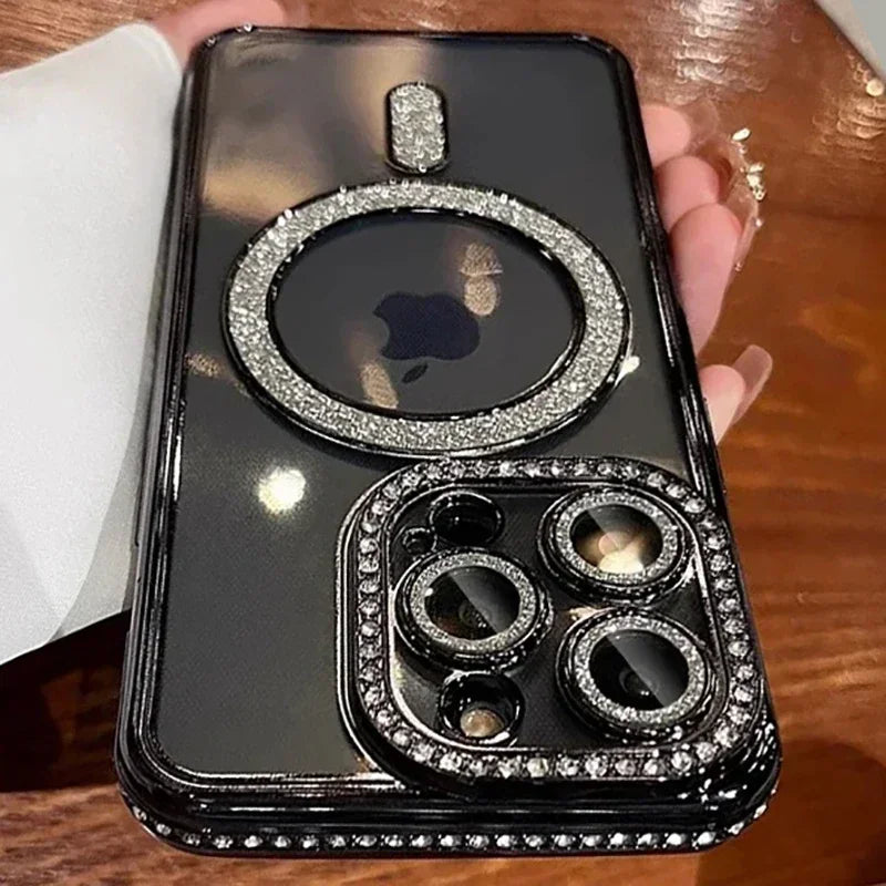 Glitter diamond clear magnetic bumper case for iPhone 11–18, black