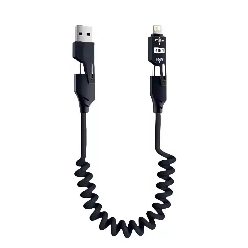 4-in-1 65W coiled charging cable, black