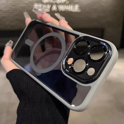 Clear magnetic case with metal lens bumper for iPhone 11–18, gray
