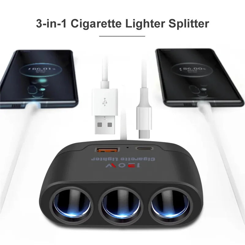 3-in-1 120W car cigarette lighter splitter with USB-C, view 2