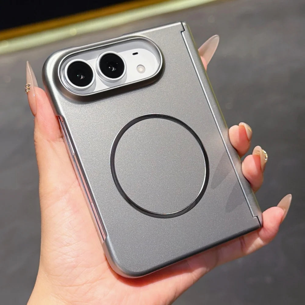 AG matte MagSafe case on a closed iPhone Duo in titanium grey
