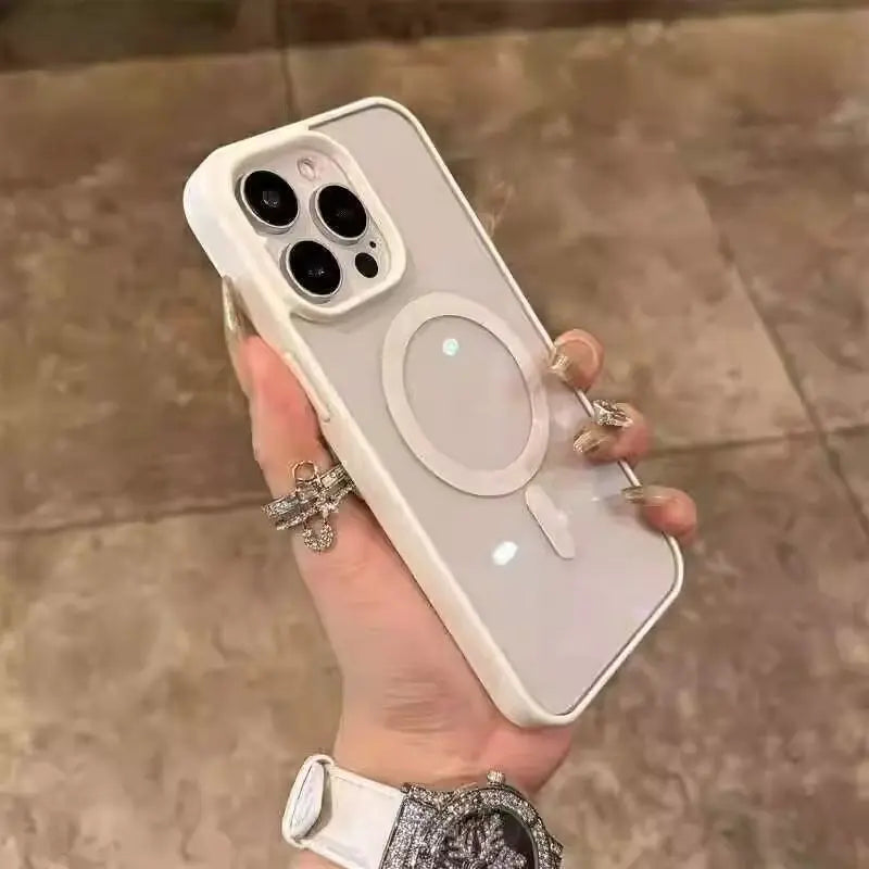 Shockproof clear MagSafe case for iPhone 11–17, white