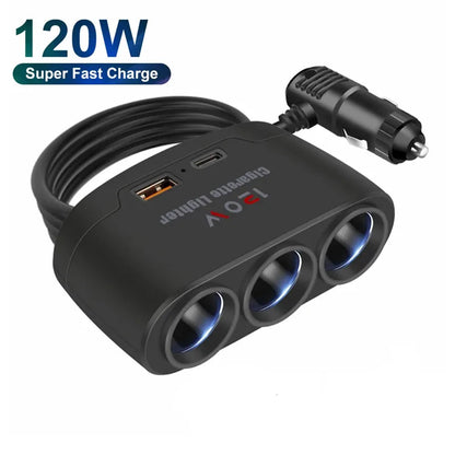 3-in-1 120W car cigarette lighter splitter with USB-C, black