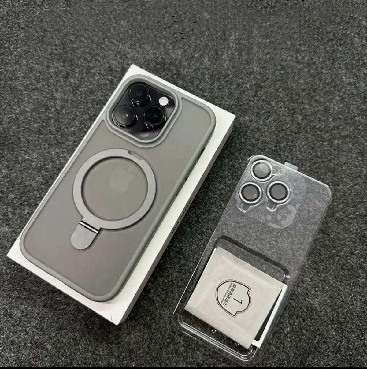 Matte MagSafe case with metal ring stand for iPhone 11–17, gray