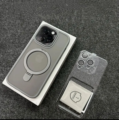 Matte MagSafe case with metal ring stand for iPhone 11–17, gray