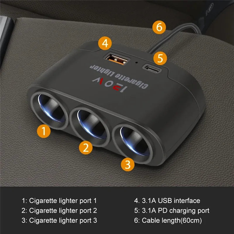 3-in-1 120W car cigarette lighter splitter with USB-C, view 6