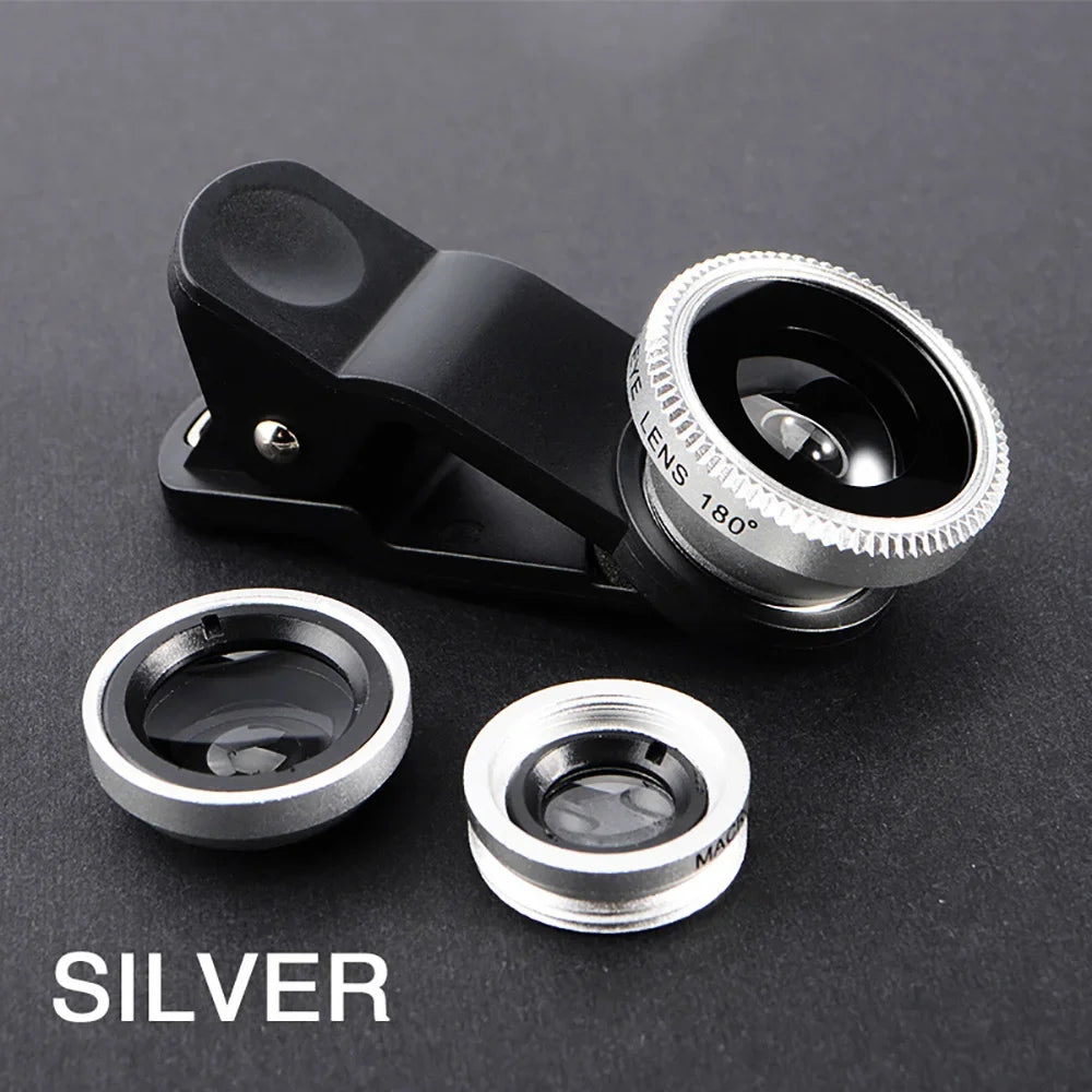 3-in-1 clip-on phone lens kit with fisheye, wide angle and macro, silver