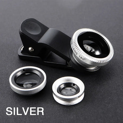 3-in-1 clip-on phone lens kit with fisheye, wide angle and macro, silver