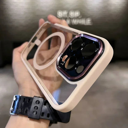 Clear magnetic case with metal lens bumper for iPhone 11–18, pink