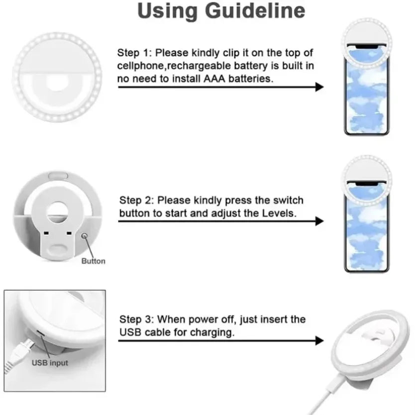 Rechargeable clip-on LED selfie ring light for phones, view 6