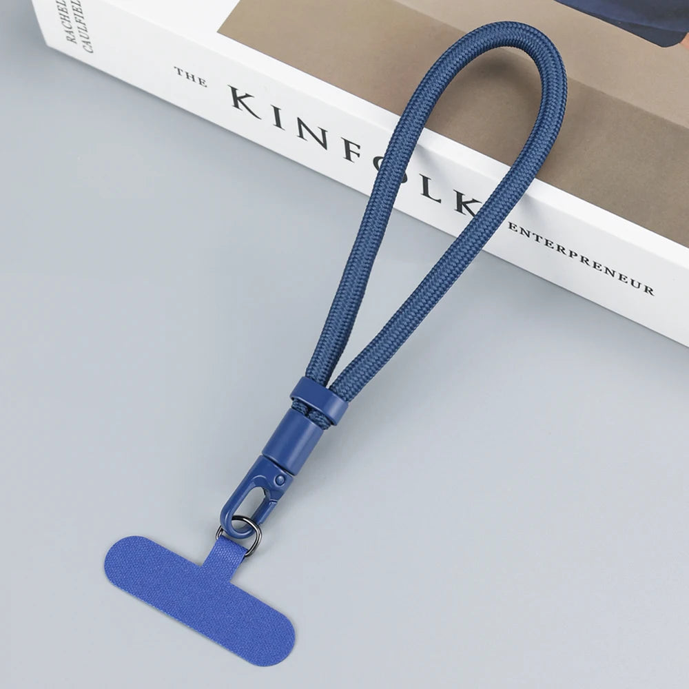 Braided short phone wrist strap with chain ring and patch, blue
