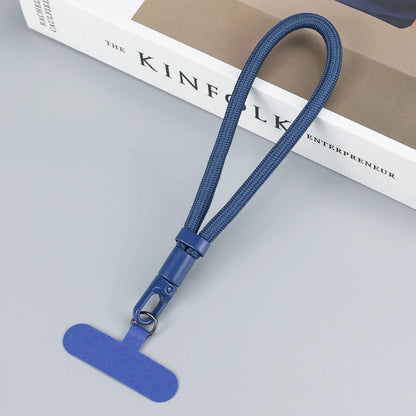Braided short phone wrist strap with chain ring and patch, blue