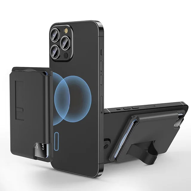Magnetic card holder with finger strap grip, black
