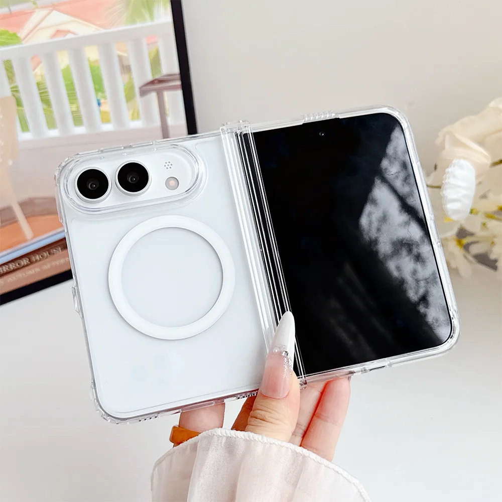 iPhone Duo part-open in a clear MagSafe case, inner display and cased back panel