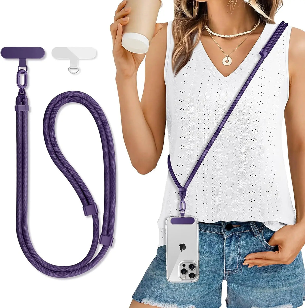 Adjustable crossbody phone lanyard with case clip, view 2