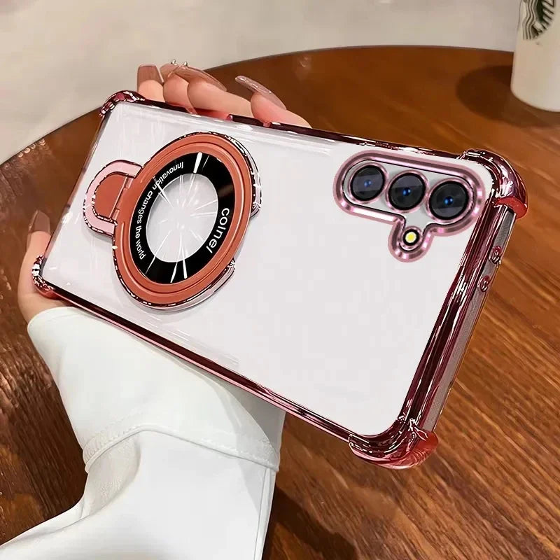 Shockproof plated MagSafe case with magnetic bracket for Galaxy A series, pink