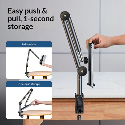Adjustable overhead desktop phone stand for live streaming, view 2