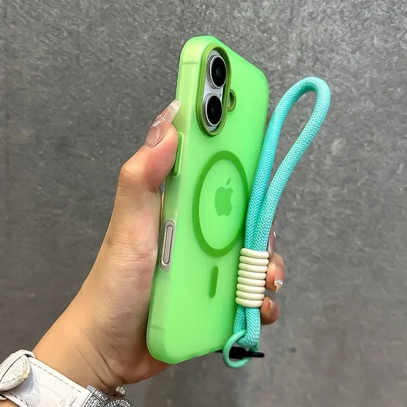 Candy color MagSafe case with wrist strap for iPhone 11–18, green