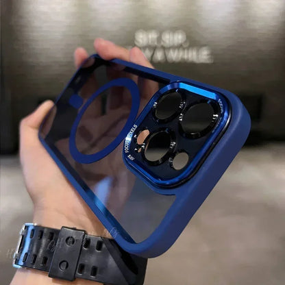 Clear magnetic case with metal lens bumper for iPhone 11–18, blue