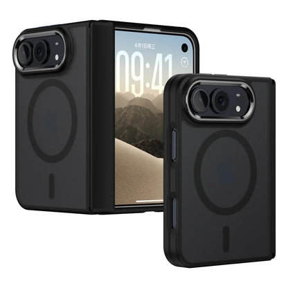 Frosted black case on iPhone Duo, shown open and folded
