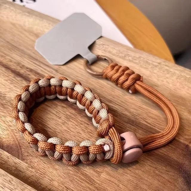 Handwoven adjustable phone wrist strap lanyard, brown khaki