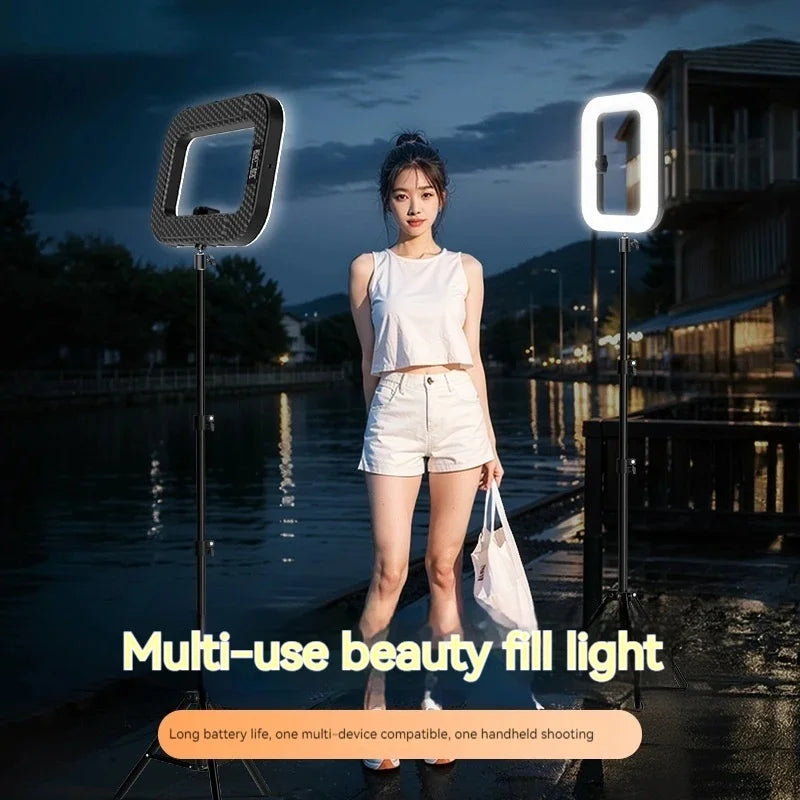 Rechargeable handheld LED ring light with tripod and phone holder, view 5