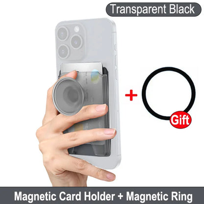 MagSafe card wallet with ring grip stand for iPhone & Samsung, transparent black