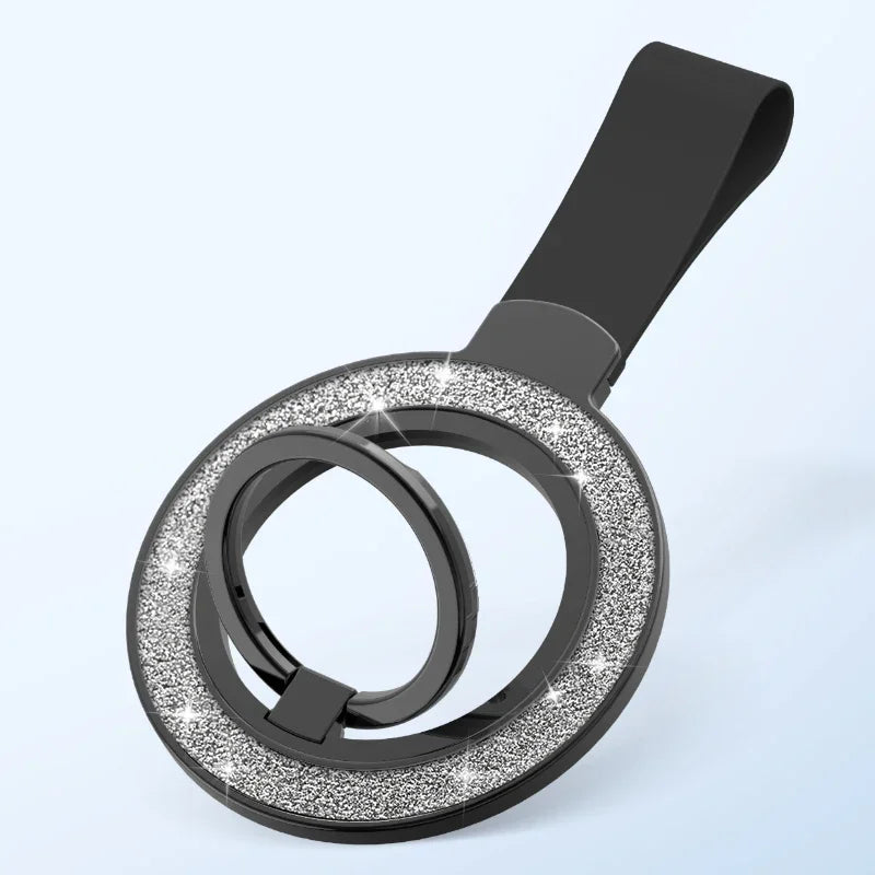 Double-sided magnetic ring grip with hand strap, silvery black