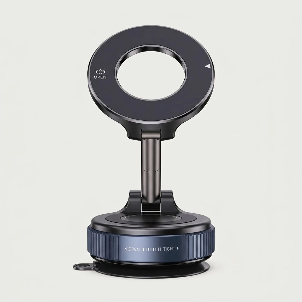 Foldable MagSafe car phone mount with suction base and magnetic ring, studio shot