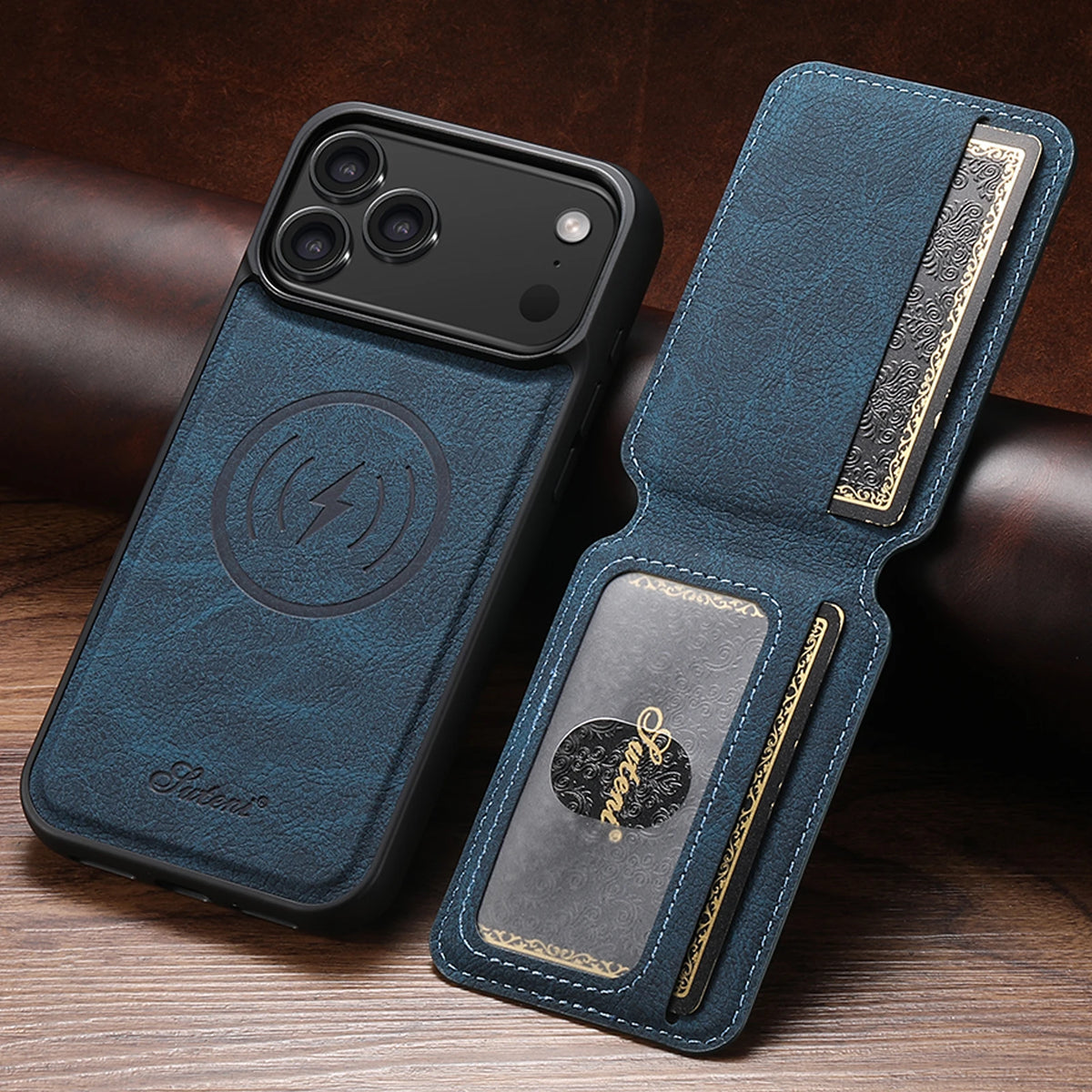 Magnetic card holder phone case with stand for iPhone 12–18, blue