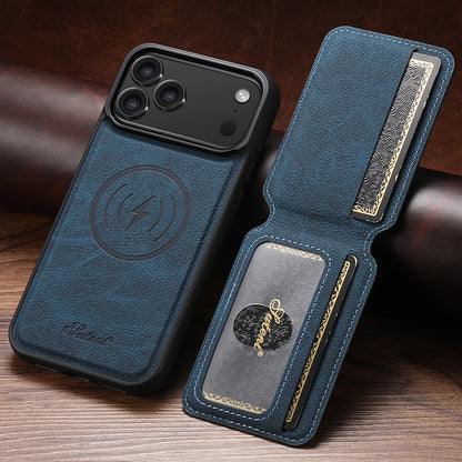 Magnetic card holder phone case with stand for iPhone 12–18, blue