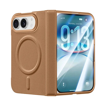 Vegan leather case in brown wrapped around a half-open iPhone Duo