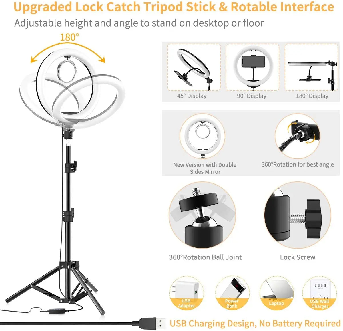 LED selfie ring light with tripod, phone holder and remote, view 3