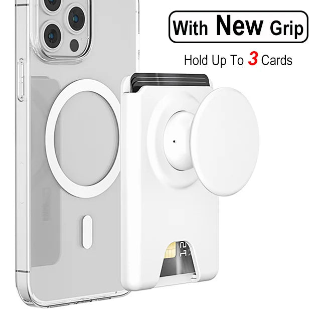 Magnetic wallet with expanding phone grip for iPhone & Samsung, white