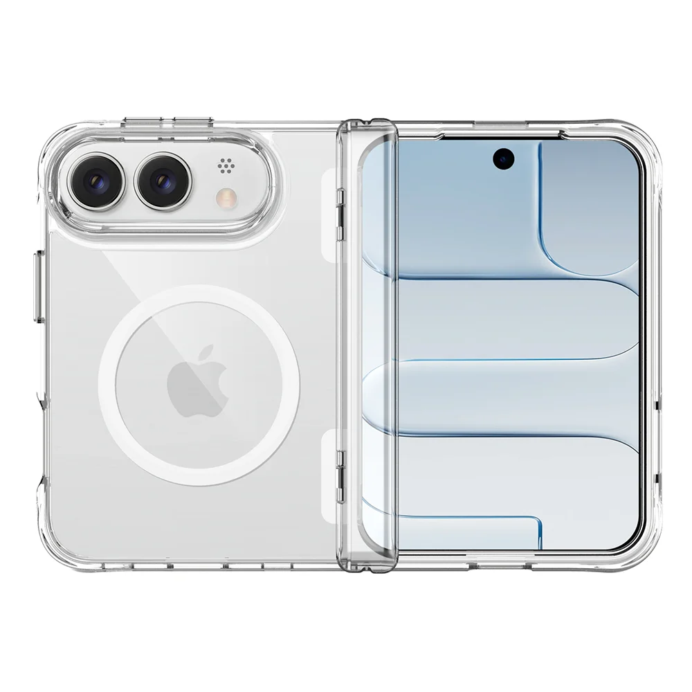 Clear hybrid shell case on iPhone Duo opened flat, showing inner display and clear back