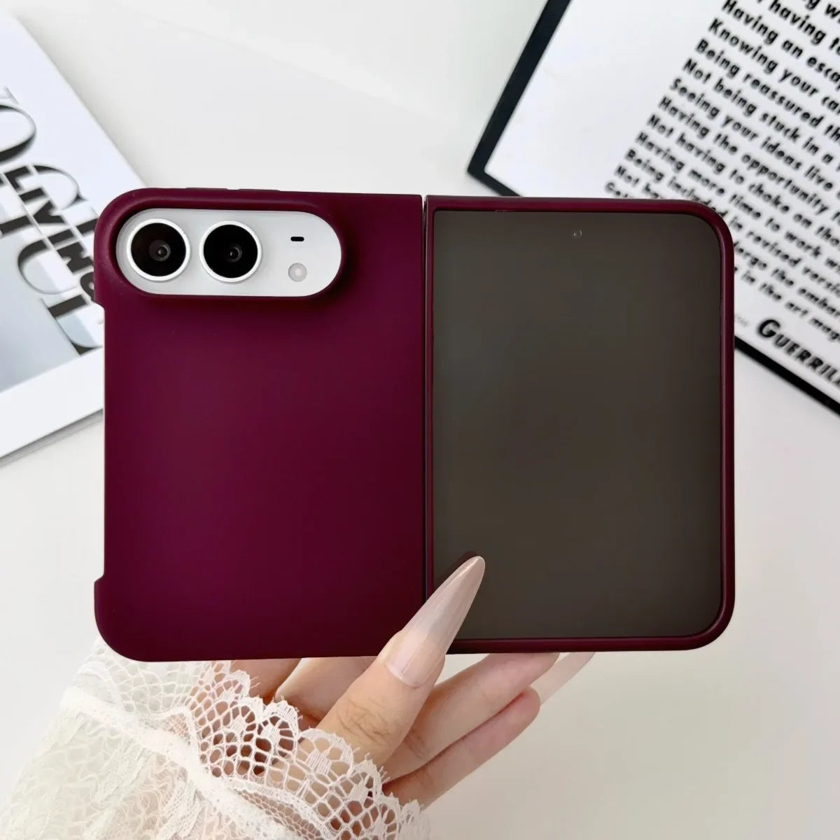 Burgundy matte case on an unfolded iPhone Duo, back view
