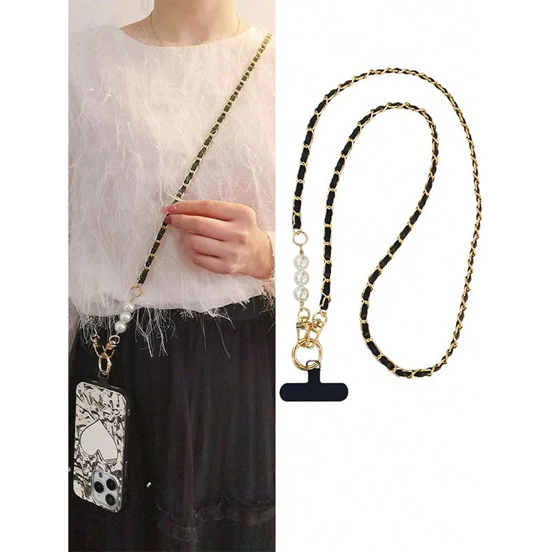 Long pearl chain crossbody phone lanyard, view 2