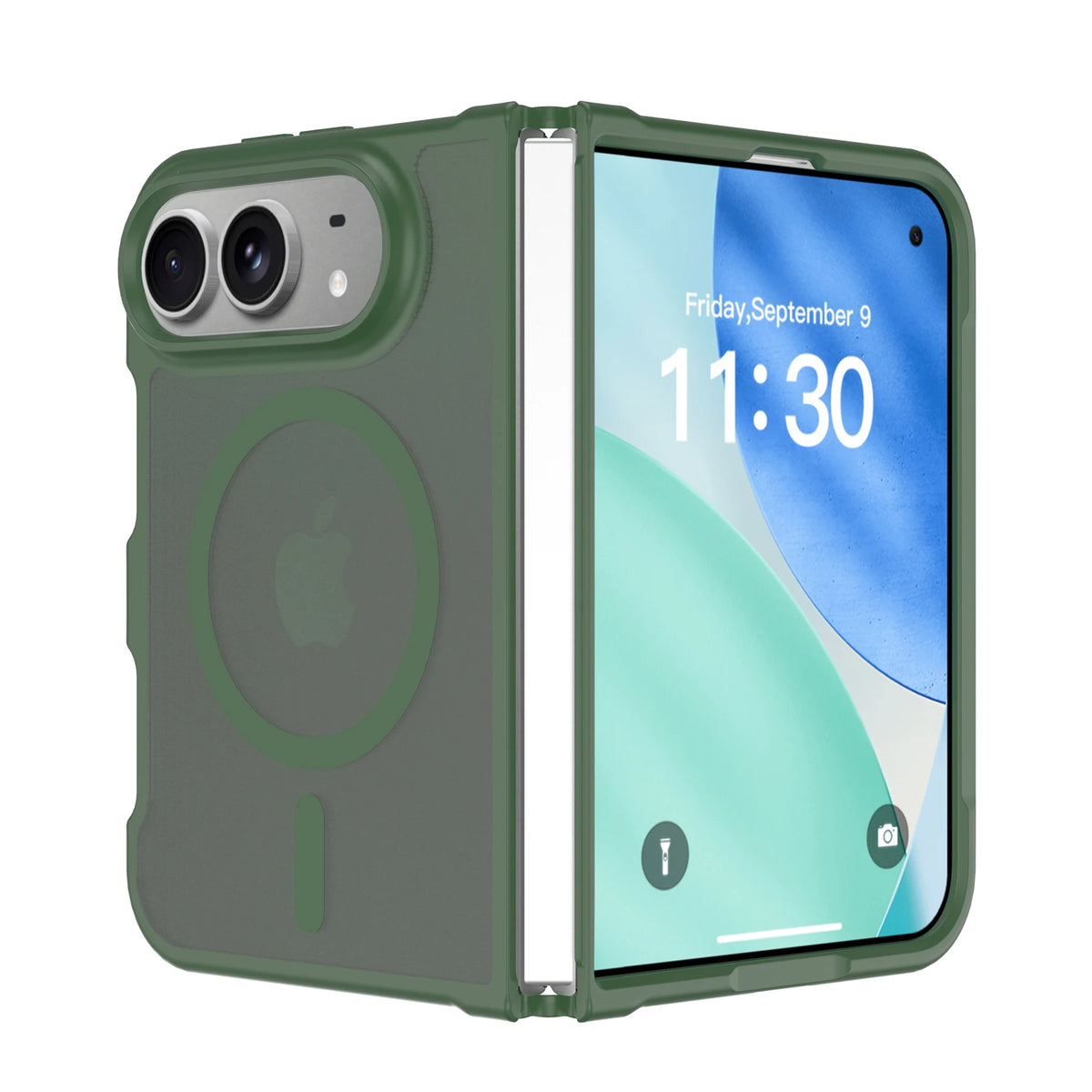 Matte green MagSafe case for iPhone Duo, back panel and inner display