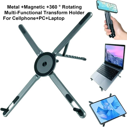 Foldable magnetic aluminum desk phone holder and selfie tripod