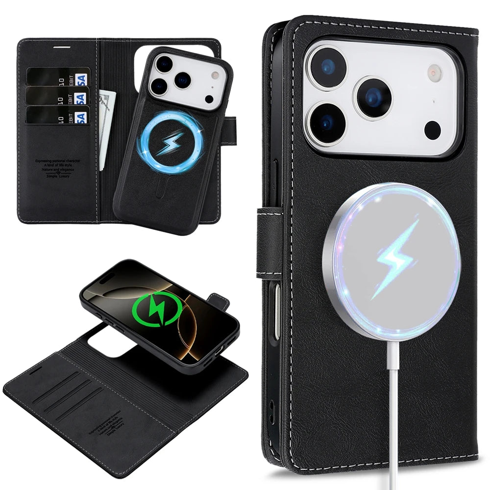 2-in-1 leather MagSafe wallet case for iPhone 12–18, black