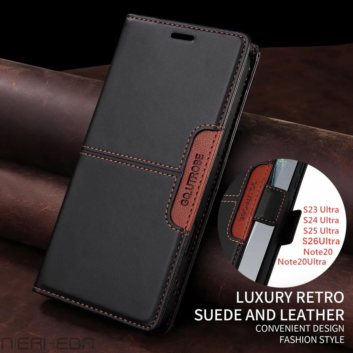 Flip leather wallet case for Samsung Galaxy S, Note and A series, black