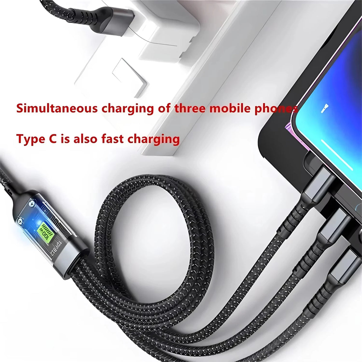 100W 3-in-1 transparent charging cable with digital display, view 5
