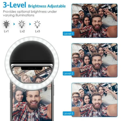 Rechargeable clip-on LED selfie ring light for phones, view 3
